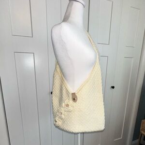 Handmade Cream Crochet Shoulder Bag with Faux Leather Snap Closure